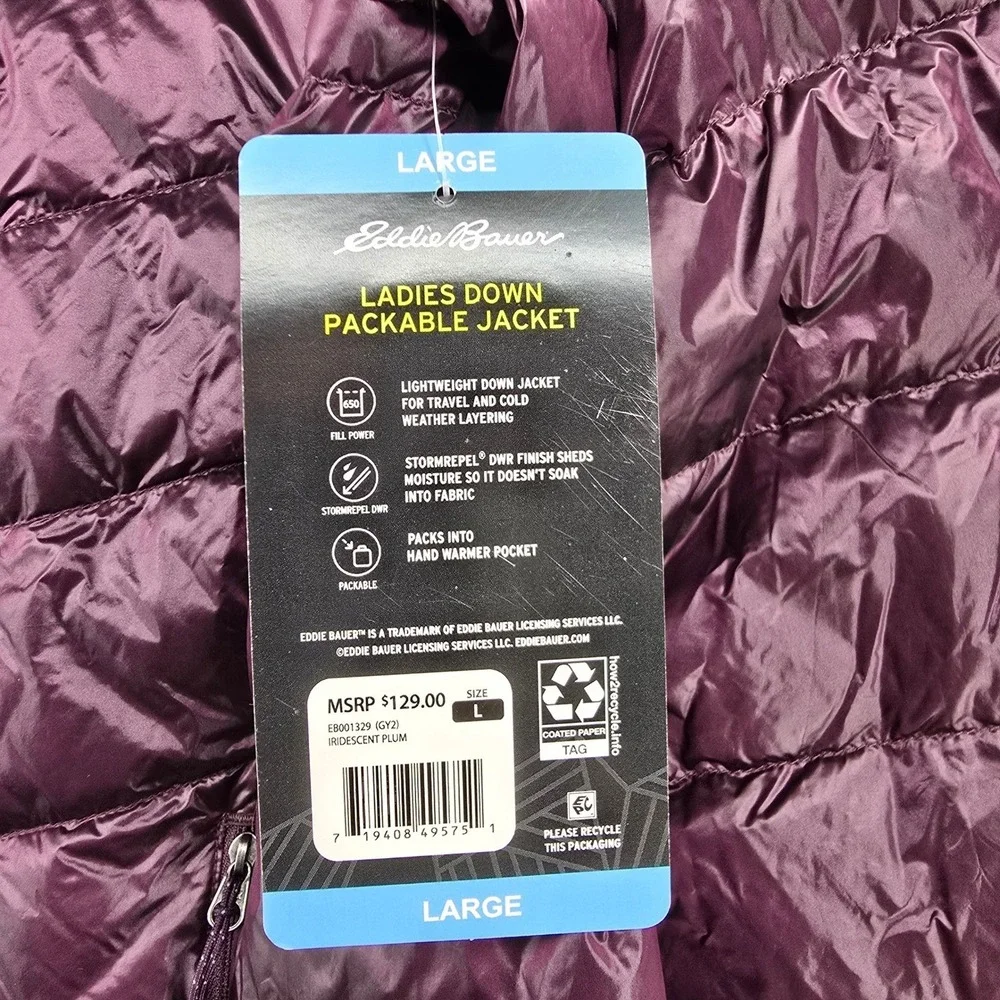Eddie Bauer Ladies Down Packable Jacket Iridescent Plum 650 Fill Power Large New